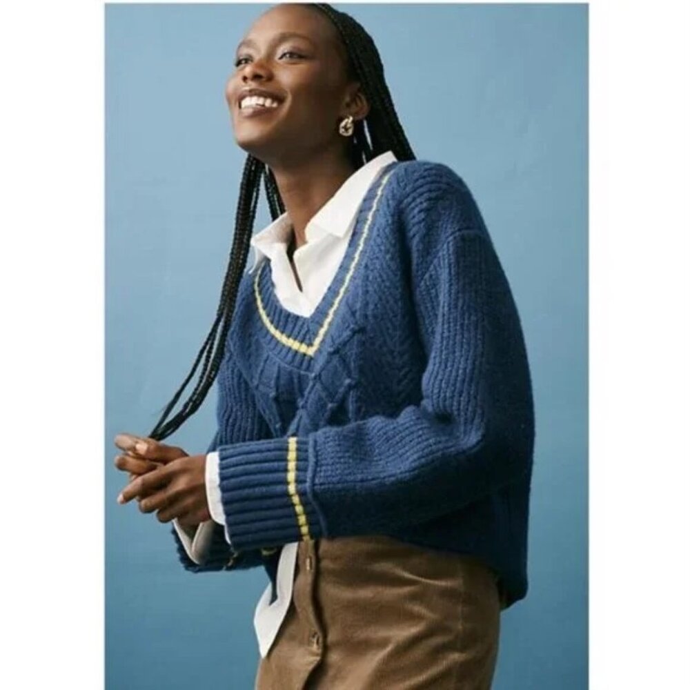 NWT Anthropologie Maeve The Tillie V-Neck Pullover Sweater Blue Size L